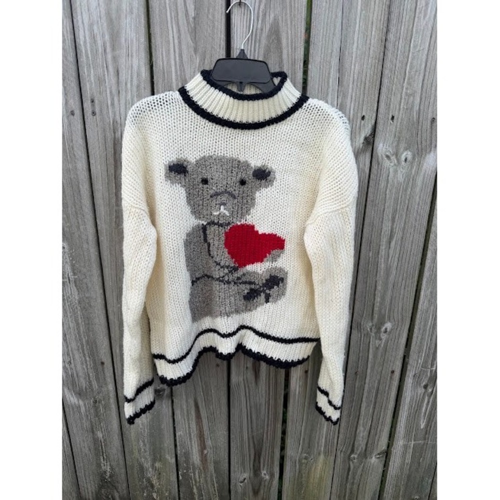 Vintage Coquette Grandmacore Evian II Sweater M Cream Teddy Bear Heart Knit